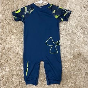 3-6 months. Short-sleeve Under Armour romper.
